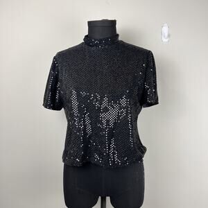 Frascara For Baker‎ Fashions Black Sequined Mock Neck Short Sleeve Top Sz 10